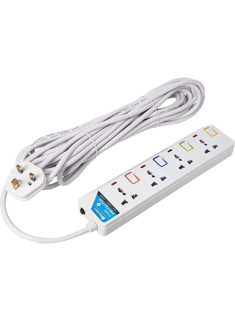 Narken E Series Electric Universal Extension Cord 4 Socket 10 Meter Power Strip wire 13A Fuse surge With Separate Single Switch and Indicate light Max 13A 3250W AC 250V White. - Image 1